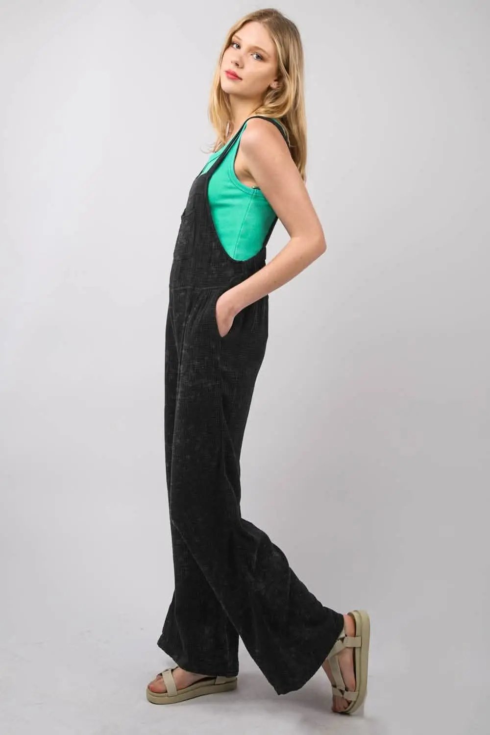 VERY J Texture Washed Wide Leg Overalls - Love Salve